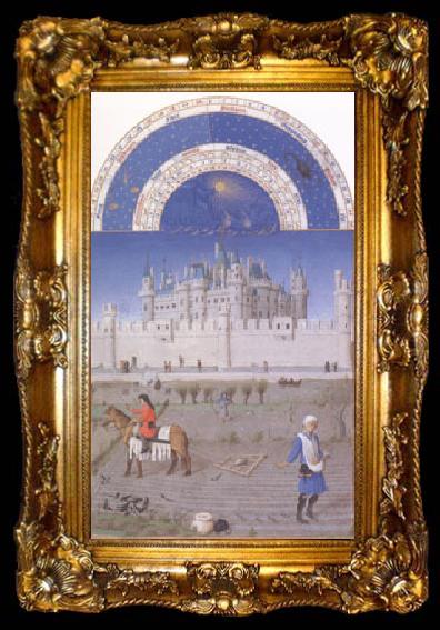 framed  LIMBOURG brothers The medieval Louvre is in the background of the October calendar page (mk05), ta009-2